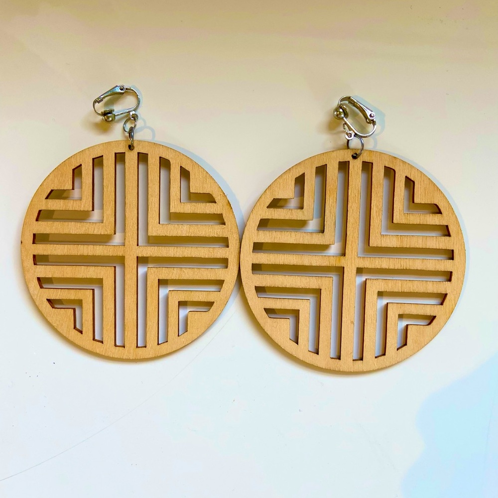 Oversized Laser Cut Geometric Wooden Clip-on Earrings. NWOT